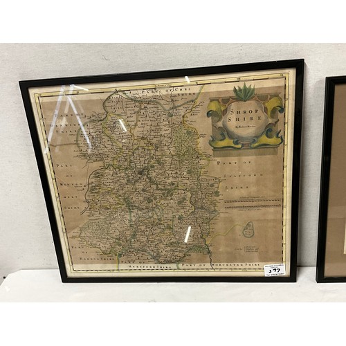 377 - FOUR FRAMED VINTAGE MAPS ONE WORLD MAP, THREE SHROPHIRE MAPS