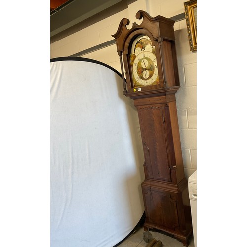 413 - MAHOGANY CASED GRANDFATHER CLOCK EIGHT DAY ROLLING MOON WITH WEIGHTS AND PENDULUM W21