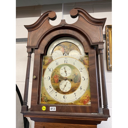 413 - MAHOGANY CASED GRANDFATHER CLOCK EIGHT DAY ROLLING MOON WITH WEIGHTS AND PENDULUM W21