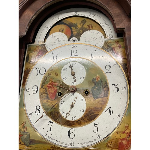 413 - MAHOGANY CASED GRANDFATHER CLOCK EIGHT DAY ROLLING MOON WITH WEIGHTS AND PENDULUM W21