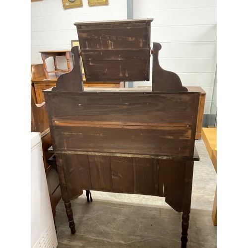 444 - EDWARDIAN MAHOGANY MARBLE TOPPED WASH STAND WITH SINGLE MIRROR TO TOP OVER TWO DOORS ON TURNED LEGS ... 