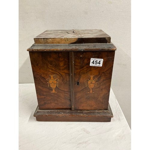 454 - VICTORIAN WALNUT VENEERED DESK CABINET WITH TWO DOORS INLAID AND THREE DOORS TO INTERIOR (CONDIITON ... 