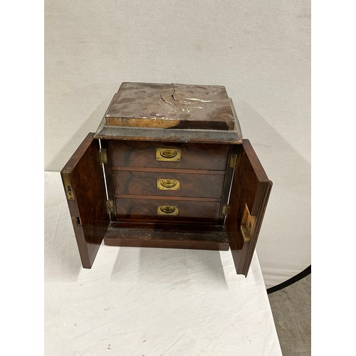 454 - VICTORIAN WALNUT VENEERED DESK CABINET WITH TWO DOORS INLAID AND THREE DOORS TO INTERIOR (CONDIITON ... 