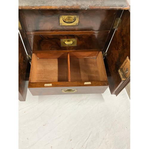 454 - VICTORIAN WALNUT VENEERED DESK CABINET WITH TWO DOORS INLAID AND THREE DOORS TO INTERIOR (CONDIITON ... 