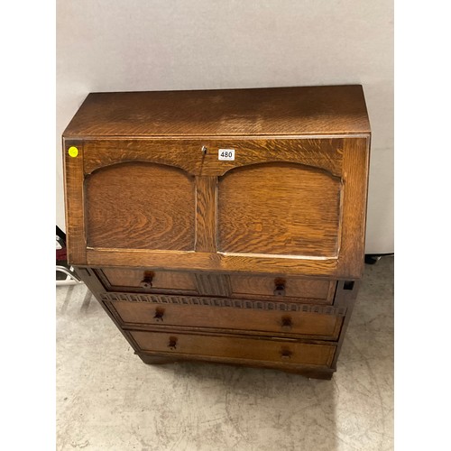 480 - VINTAGE PRIORY STYLE OAK BUREAU WITH FITTED INTERIOR OVER THREE DRAWERS COMPLETE WITH KEY H40