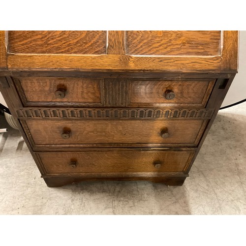 480 - VINTAGE PRIORY STYLE OAK BUREAU WITH FITTED INTERIOR OVER THREE DRAWERS COMPLETE WITH KEY H40