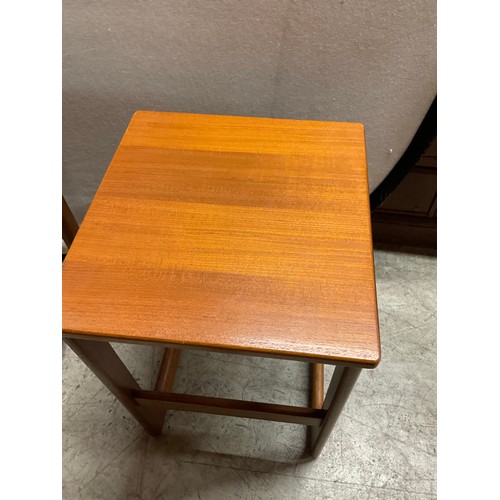 491 - MID CENTURY BADGED MACINTOSH TEAK NEST OF TABLES WITH FOLDING SWIVEL TOP