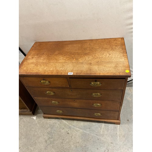 495 - GEORGIAN OAK WITH MAHOGANY CROSS BANDING BEDROOM CHEST OF FIVE DRAWERS H34