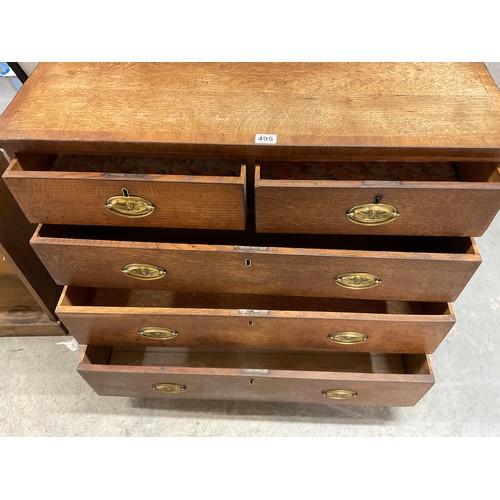 495 - GEORGIAN OAK WITH MAHOGANY CROSS BANDING BEDROOM CHEST OF FIVE DRAWERS H34