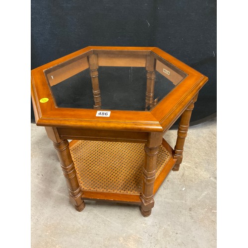 486 - MODERN MAHOGANY HEXAGON SHAPE LAMP TABLE WITH INSET GLASS TOP H21