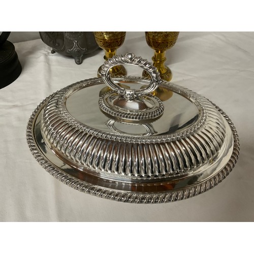 287 - BOX OF ODDS TO INCLUDE TWO SILVER PLATED ENTREE DISHES, LAMPS ETC