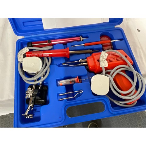 26 - BOX OF TOOLS TO INCLUDE SOLDERING IRON, PLANER, SANDER ETC