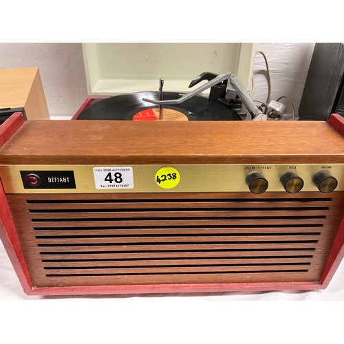 48 - VINTAGE DEFIANT PORTABLE RECORD PLAYER WITH GARROD AND 2 CASSETTE HOLDERS