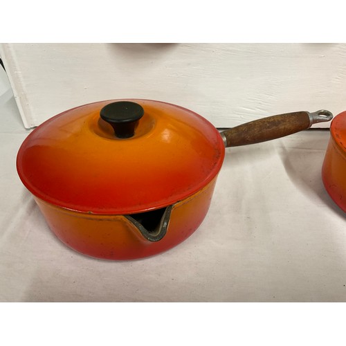 50 - BOX OF VINTAGE ENAMEL SAUCEPANS AND LE CRUESET EXAMPLES