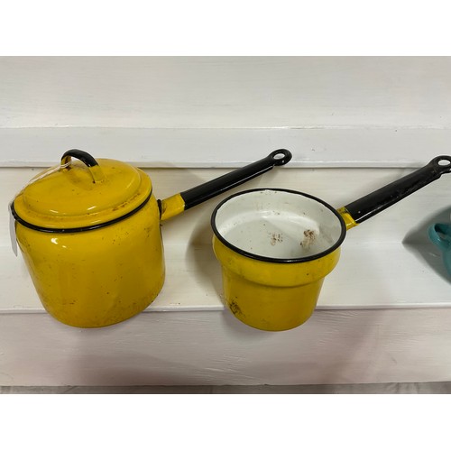 50 - BOX OF VINTAGE ENAMEL SAUCEPANS AND LE CRUESET EXAMPLES