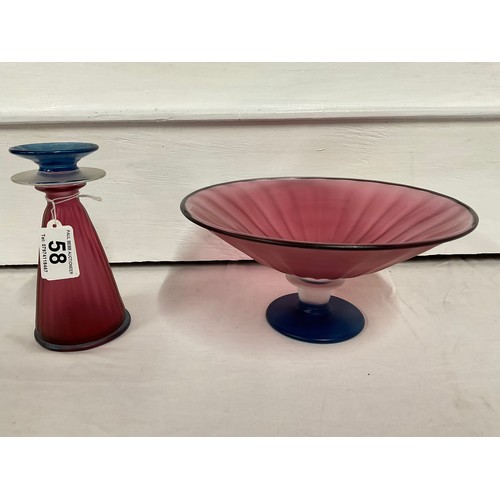 58 - PURPLE ART GLASS FRUIT BOWL AND MATCHING PERFUME BOTTLE