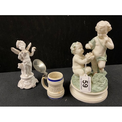 59 - 2 CHERUB FIGURINES, LIMITED EDITION FRANZ DESIGNER CUP & SAUCER, SMALL GERMAN TANKARD