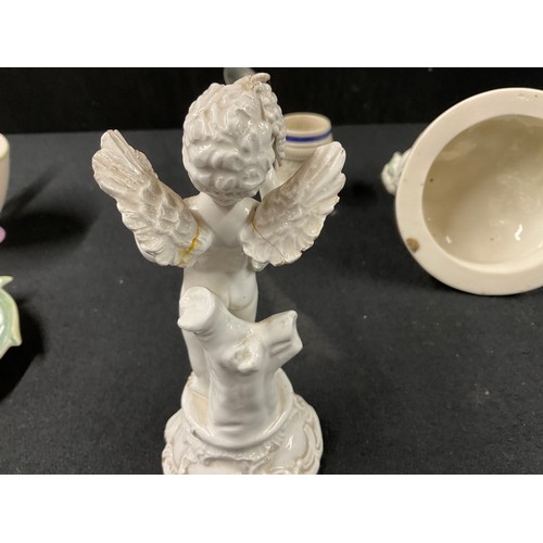 59 - 2 CHERUB FIGURINES, LIMITED EDITION FRANZ DESIGNER CUP & SAUCER, SMALL GERMAN TANKARD