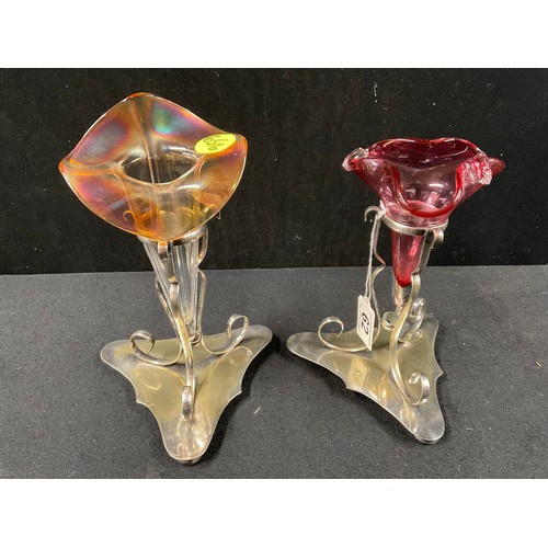 62 - 2 SILVER PLATED EPERGNE WITH COLOURED GLASS TULIP VASE