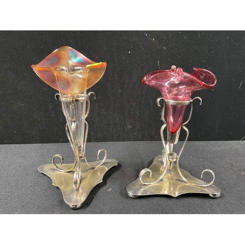 62 - 2 SILVER PLATED EPERGNE WITH COLOURED GLASS TULIP VASE