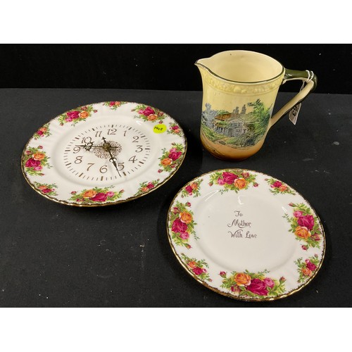 63 - ROYAL ALBERT OLD COUNTRY ROSE WALL CLOCK, MATCHING PLATE AND ROYAL DOULTON JUG A/F