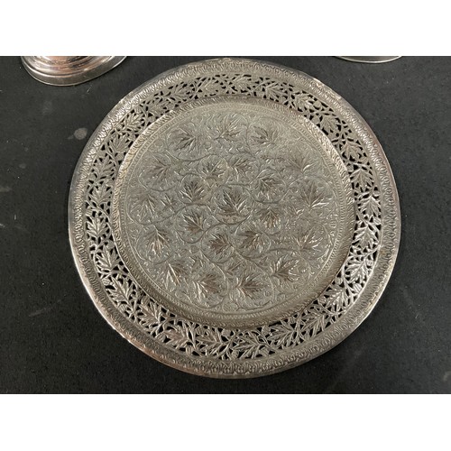 76 - INDIAN ENGRAVED SILVER PLATED TRAY DECORATED WITH LEAVES AND FOILAGE AND PAIR OF SILVER PLATED WEIGH... 