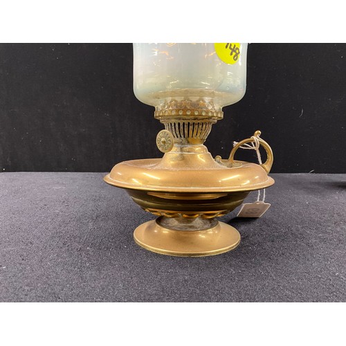 89 - VICTORIAN BRASS OIL CHAMBER LIGHT WITH VASELINE GLASS FRILLED SHADE A/F