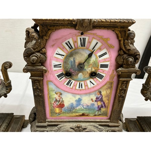 92 - VICTORIAN GILT METAL WITH HAND PAINTED PORCELAIN PANELS FRENCH GARNIATURE CLOCK SET COMPLETE WITH KE... 