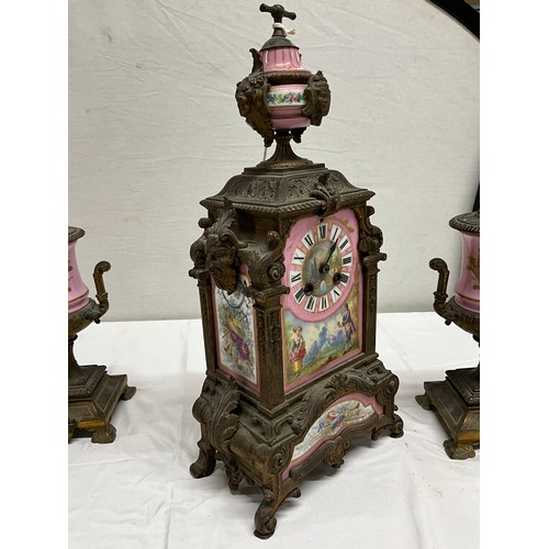 92 - VICTORIAN GILT METAL WITH HAND PAINTED PORCELAIN PANELS FRENCH GARNIATURE CLOCK SET COMPLETE WITH KE... 