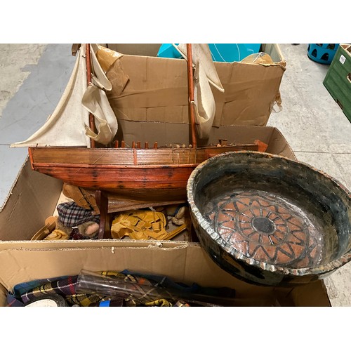 109 - 7 BOXES OF CHINA ODDS, GLASSWARE, BOAT ETC