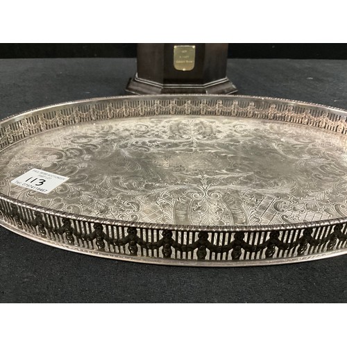 113 - SILVER PLATED GALLERY TRAY AND INSCRIBED TROPHY ON PEDESTAL