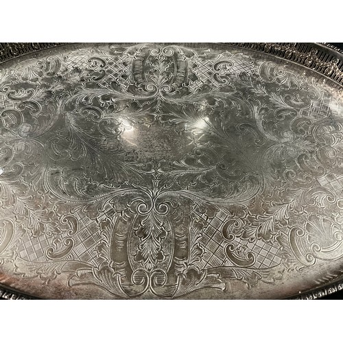 113 - SILVER PLATED GALLERY TRAY AND INSCRIBED TROPHY ON PEDESTAL