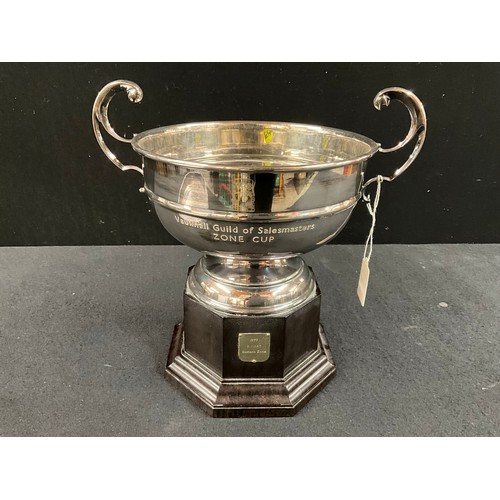 113 - SILVER PLATED GALLERY TRAY AND INSCRIBED TROPHY ON PEDESTAL