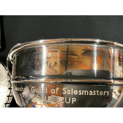 113 - SILVER PLATED GALLERY TRAY AND INSCRIBED TROPHY ON PEDESTAL