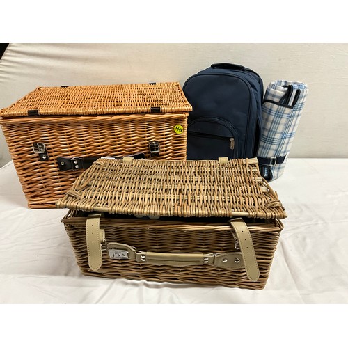 130 - LARGE PICNIC BASKET, PICNIC BASKET SET, RUCKSACK AND BLANKET