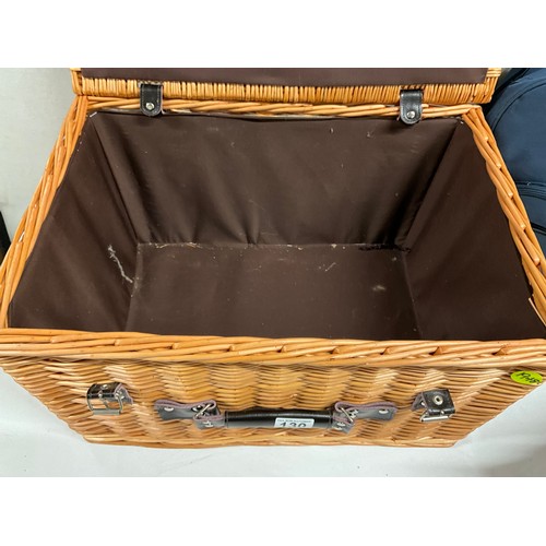 130 - LARGE PICNIC BASKET, PICNIC BASKET SET, RUCKSACK AND BLANKET