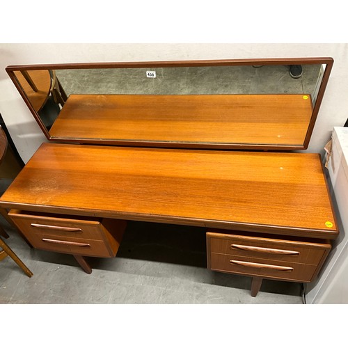 438 - MID CENTURY TEAK BADGED G PLAN TWIN PEDESTAL FLOATING SHELF KNEEHOLE DRESSING TABLE COMPLETE WITH JE... 