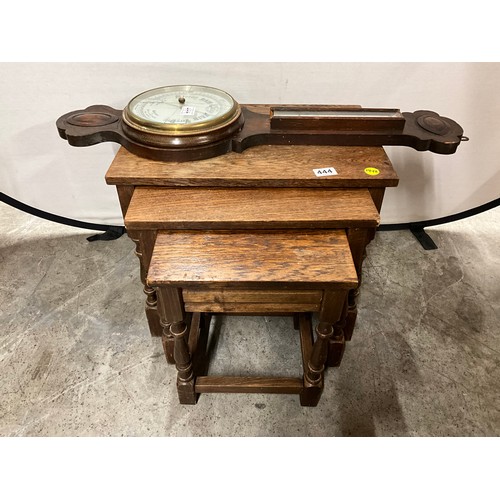 444 - OAK NEST OF 3 TABLES AND VINTAGE BAROMETER A/F