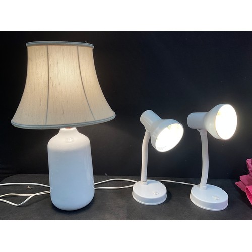 1 - TWO ANGLE POISE DESK LAMPS, CERAMIC BASED TABLE LAMP AND A BOX OF BLANKETS