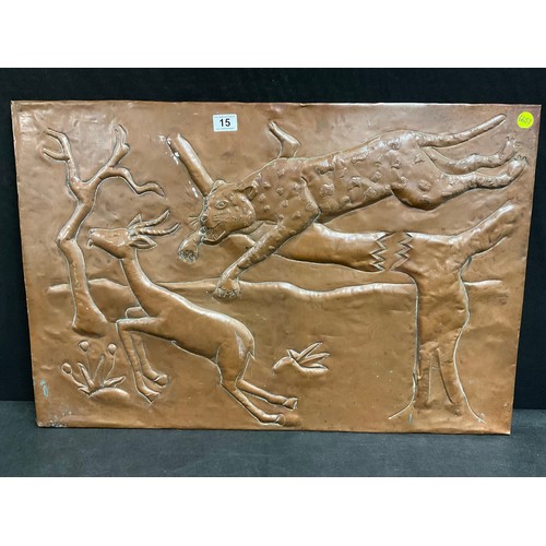 15 - AFRICAN STYLE COPPER PLAQUE OF A CHEETAH HUNTING AN ANTELOPE 34