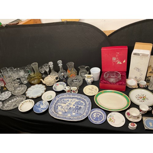 19 - THREE BOXES OF GLASSWARE AND CHINA TO INCLUDE: TEAPOTS, VICTORIAN MEATPLATE, COLOURED GLASS, DECANTE... 