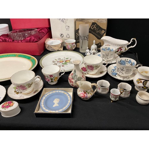 19 - THREE BOXES OF GLASSWARE AND CHINA TO INCLUDE: TEAPOTS, VICTORIAN MEATPLATE, COLOURED GLASS, DECANTE... 