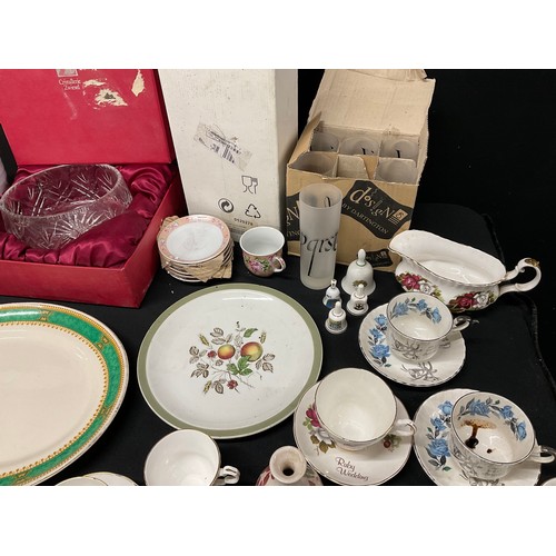 19 - THREE BOXES OF GLASSWARE AND CHINA TO INCLUDE: TEAPOTS, VICTORIAN MEATPLATE, COLOURED GLASS, DECANTE... 