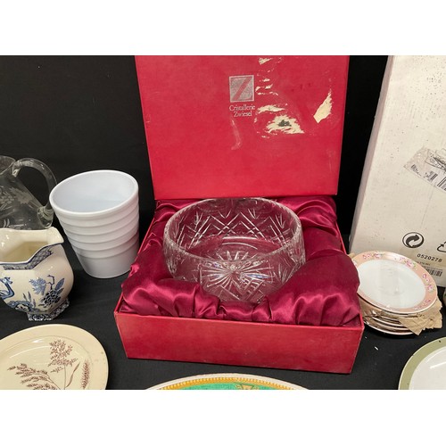 19 - THREE BOXES OF GLASSWARE AND CHINA TO INCLUDE: TEAPOTS, VICTORIAN MEATPLATE, COLOURED GLASS, DECANTE... 