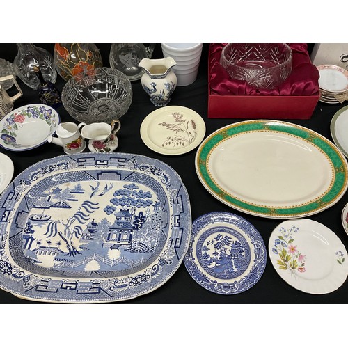 19 - THREE BOXES OF GLASSWARE AND CHINA TO INCLUDE: TEAPOTS, VICTORIAN MEATPLATE, COLOURED GLASS, DECANTE... 