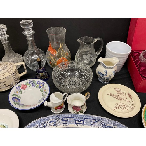 19 - THREE BOXES OF GLASSWARE AND CHINA TO INCLUDE: TEAPOTS, VICTORIAN MEATPLATE, COLOURED GLASS, DECANTE... 