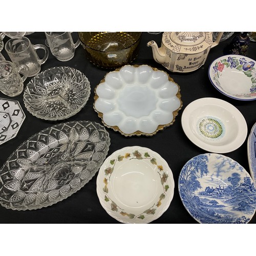 19 - THREE BOXES OF GLASSWARE AND CHINA TO INCLUDE: TEAPOTS, VICTORIAN MEATPLATE, COLOURED GLASS, DECANTE... 