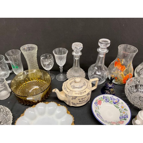 19 - THREE BOXES OF GLASSWARE AND CHINA TO INCLUDE: TEAPOTS, VICTORIAN MEATPLATE, COLOURED GLASS, DECANTE... 