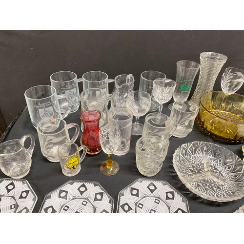 19 - THREE BOXES OF GLASSWARE AND CHINA TO INCLUDE: TEAPOTS, VICTORIAN MEATPLATE, COLOURED GLASS, DECANTE... 