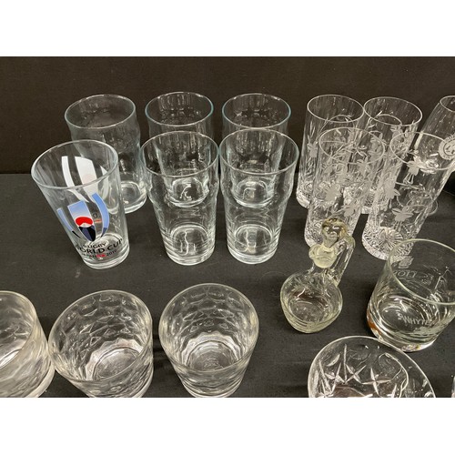 20A - THREE BOXES OF GLASSWARE TO INCLUDE DECANTERS, FRUIT BOWLS, VASES, WATER JUGS, DRINKING GLASSES ETC